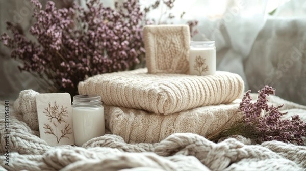 Fototapeta Knitted throws and candles create a cozy autumnal display.