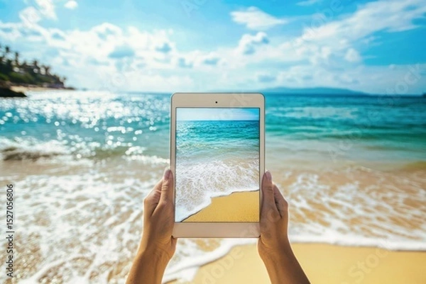 Fototapeta  Tablet displaying beach scene in a perfect summer vacation setting, ideal for e-book mockup and digital content.