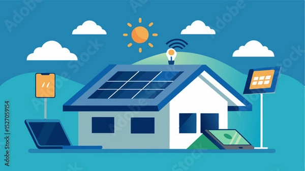 Fototapeta Solar panels on the roof power all electronic devices allowing the remote worker to stay fully connected while minimizing their carbon footprint.. Vector illustration