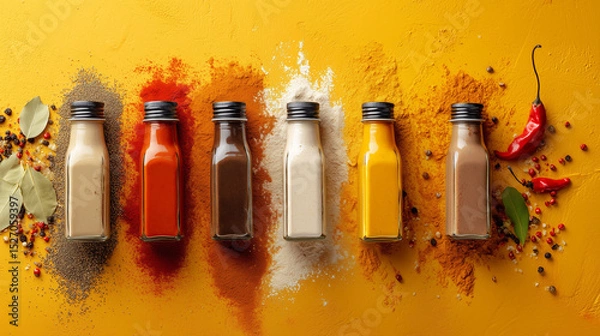 Fototapeta Assorted spices in glass bottles on yellow background