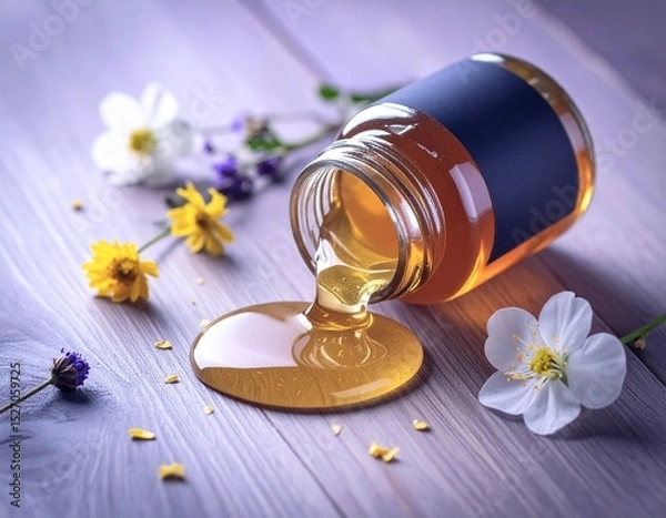 Obraz Open Honey Jar with Black Label Spilling on Wooden Table with flowers for mockup