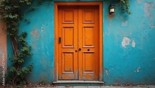 Fototapeta Vibrant orange door contrasted by vivid blue wall in urban setting. Natural elements such as foliage create harmonious balance. Entrance architecture home decor painting texture.