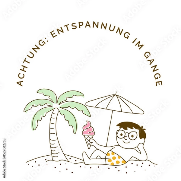Fototapeta Cartoon man relaxing on the beach with ice cream – summer vector illustration