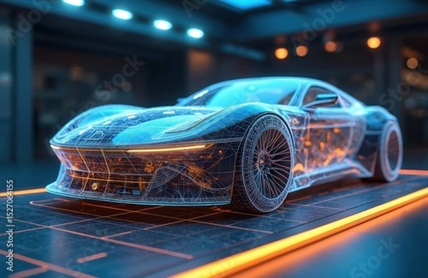 Fototapeta Futuristic car design wireframe display. Modern tech automotive innovation in showroom. Glowing luxury electric vehicle. Cutting edge high technology presentation. Digital sleek blueprint.