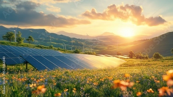 Fototapeta renewable or green power technology for better environment with solar panels and wind turbines at agriculture farm.