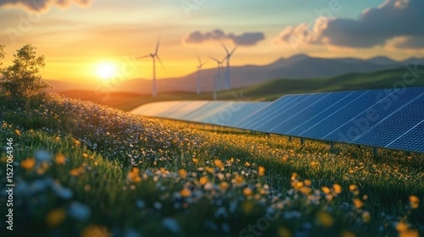 Fototapeta renewable or green power technology for better environment with solar panels and wind turbines at agriculture farm.