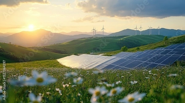 Fototapeta renewable or green power technology for better environment with solar panels and wind turbines at agriculture farm.