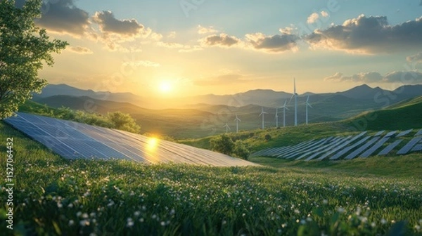 Fototapeta renewable or green power technology for better environment with solar panels and wind turbines at agriculture farm.