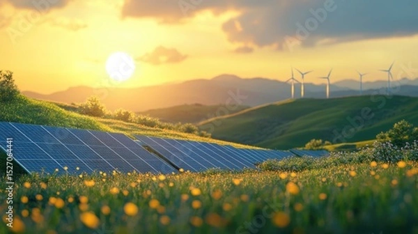 Fototapeta renewable or green power technology for better environment with solar panels and wind turbines at agriculture farm.