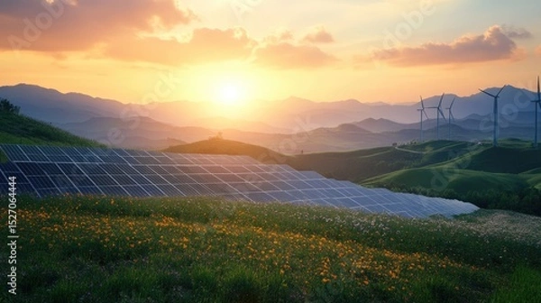 Fototapeta renewable or green power technology for better environment with solar panels and wind turbines at agriculture farm.