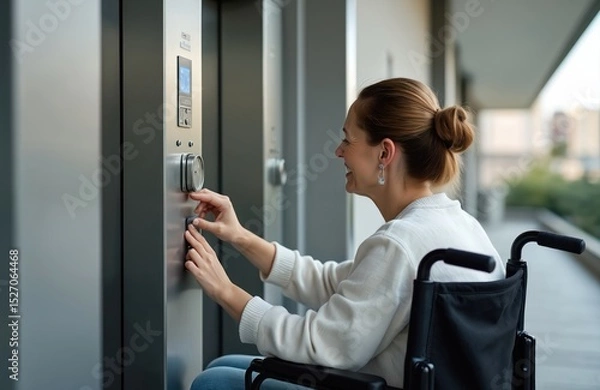 Fototapeta Woman in wheelchair presses elevator button. She smiles at building lobby. Modern tech helps access. Accessible design provides independence, improves urban life. Inclusion focus helps society.