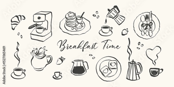 Obraz Whimsical breakfast doodles. Vintage hand drawn icons with la dolce vita aesthetic in simple crayon and sketch style. Trendy art for menus and dinner brunch invitations. Lineart vector illustration