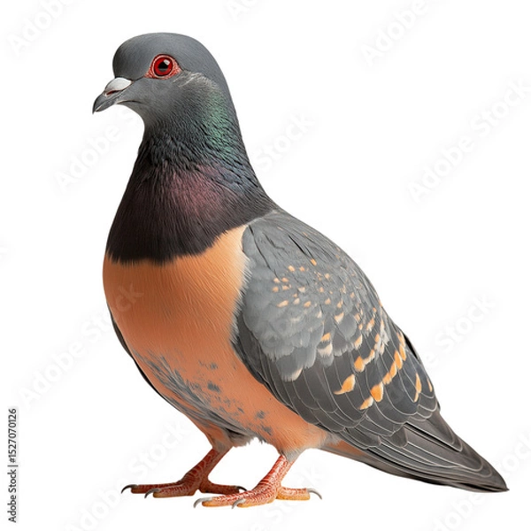 Obraz Side view of a passenger pigeon with detailed feathers and natural coloring, isolated on a white solid background, realistic bird photography perfect for wildlife, education, and historical references