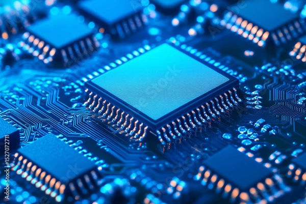 Fototapeta Close up shot of a blue computer chip with visible circuit board design