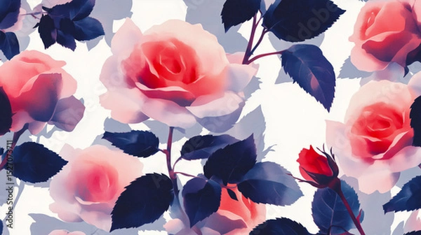 Fototapeta Watercolor flower pattern background with roses