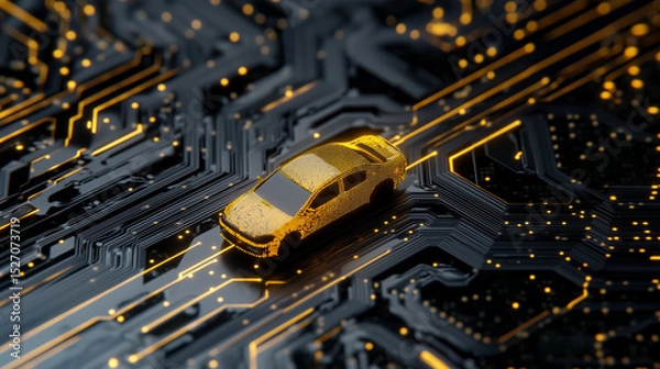 Fototapeta Yellow Digital Taxi on Futuristic Circuit Board Road