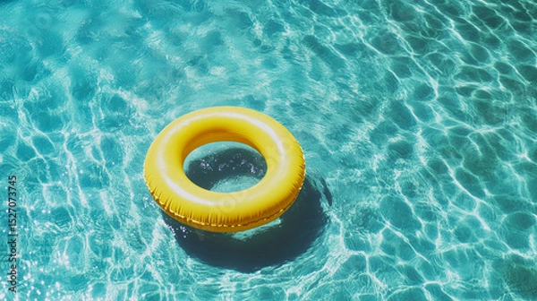 Fototapeta Yellow inflatable swim ring floating on bright turquoise water.