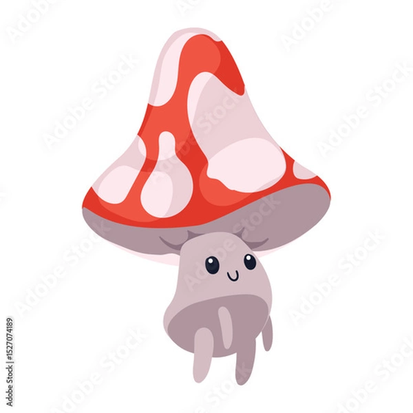 Obraz Cute Cartoon Mushroom Character Vector with Red and Pink Cap and Smiling Face for Kids and Fantasy Designs