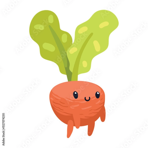 Obraz Adorable Cartoon Radish Character Vector with Smiling Face and Bright Green Leaves for Kids and Food Illustrations