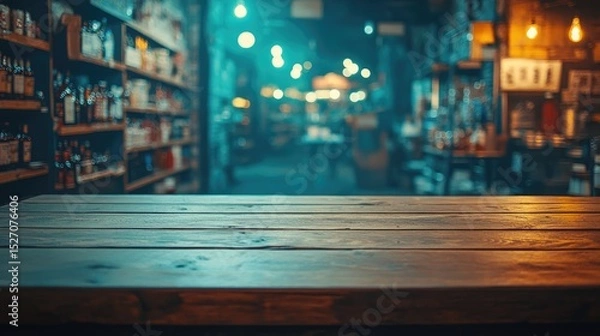 Fototapeta old vintage wooden product display of with blur bokeh supermarket background.	