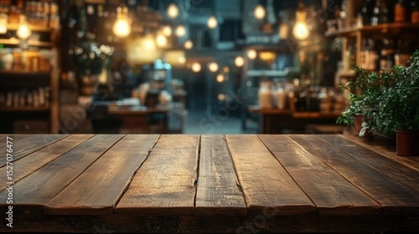 Fototapeta old vintage wooden product display of with blur bokeh supermarket background.	