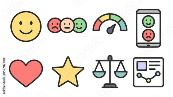 Fototapeta Satisfaction and Feedback Icons Set – Minimal Flat Design of Rating, Review, Scale, and Performance UI Symbols
