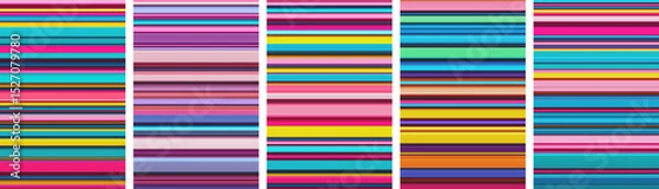 Obraz Set of colorful bold geometric cover designs with tightly packed vibrant stripes. Modern poster designs featuring narrow horizontal multicolored stripes arranged in unpredictable sequences. Vector