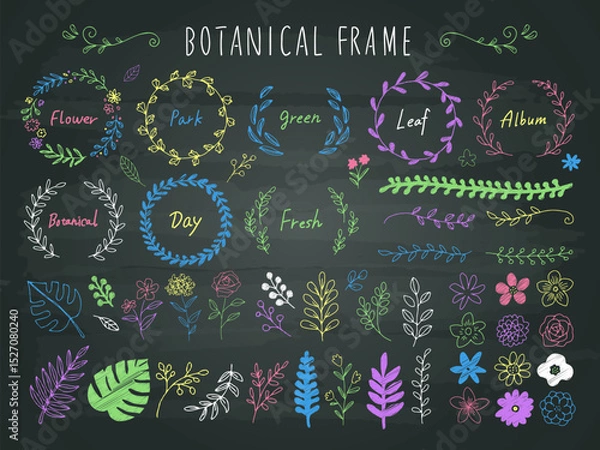 Fototapeta チョーク風の花と植物の装飾とフレーム素材