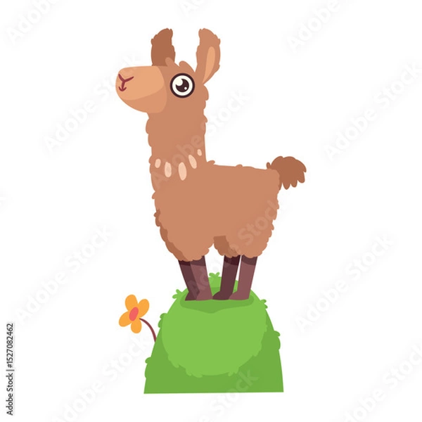 Obraz Cute Llama on Grassy Knoll Vector Illustration: Charming Cartoon Animal with Flower