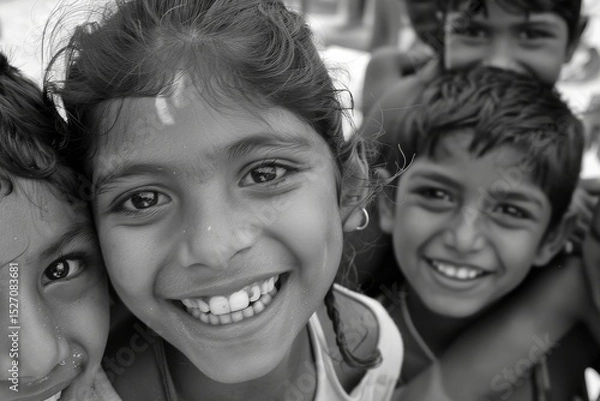 Fototapeta Group of happy children smiling at camera. Black and white image.