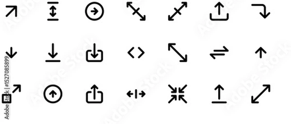 Obraz Minimalist black vector arrow icons set with thin designs, arrowheads, letters, and symbols for up/down movement on white background.