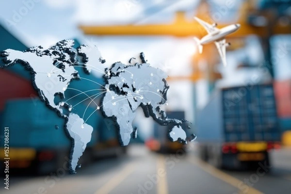 Fototapeta A world map is overlaid on a busy freight port featuring shipping containers and an airplane in the background, showcasing the interconnectedness of global logistics and transportation.