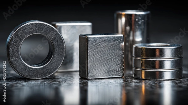 Fototapeta Assorted neodymium magnets in various shapes and sizes for industrial and educational applications