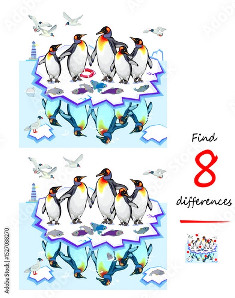Fototapeta Find 8 differences. Drawing of a cute family of king penguins. Logic puzzle game for children and adults. Page for kids brain teaser book. Hand drawn flat vector illustration.