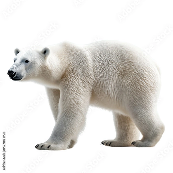 Fototapeta Side view of a white polar bear, isolated on a white background, highlighting its dense fur, large paws, and powerful frame, captured in realistic detail for wildlife, environmental