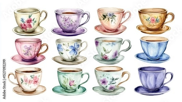 Obraz Twelve watercolor illustrations of vintage teacups and saucers with floral designs.