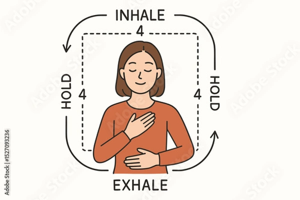 Fototapeta Box breathing exercise guide. Woman practicing square breathing for relaxation. Inhale, hold, exhale. Mindfulness technique for stress and anxiety relief. Mental health concept.