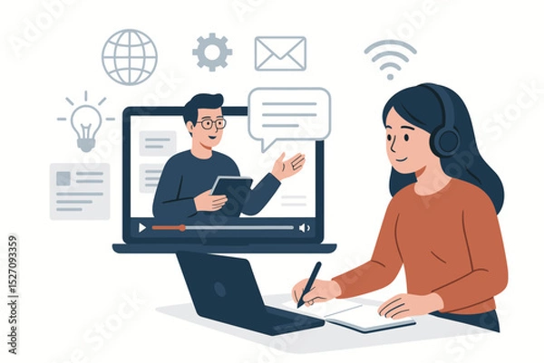 Fototapeta Online learning concept. Student watching webinar on laptop computer. Woman with headphones taking notes during virtual class with teacher. E-learning and distance education vector.