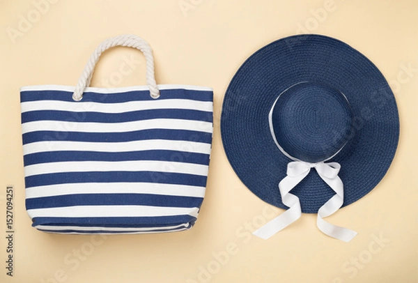 Fototapeta Blue beach accessories on color background, top view. Flat lay