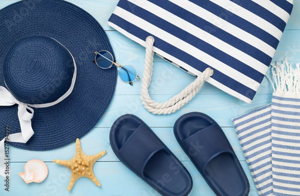 Fototapeta Blue beach accessories on wooden background, top view. Flat lay