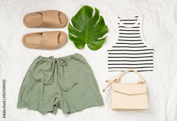 Fototapeta Flat lay with casual summer outfit on color background, top view