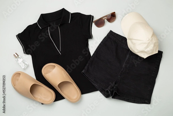 Fototapeta Flat lay with casual summer outfit on color background, top view
