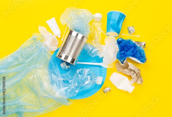 Fototapeta Bag with unsorted waste on color background, top view