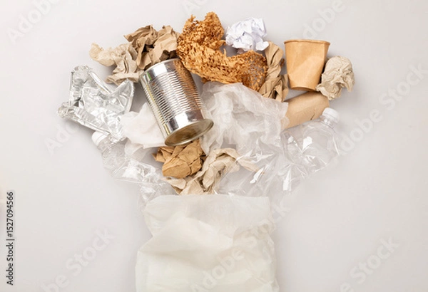 Fototapeta Bag with unsorted waste on color background, top view