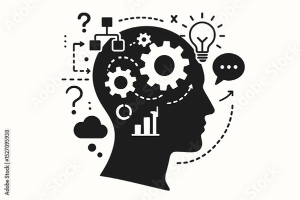Fototapeta Human head silhouette with gears symbolizing thought process. Concept of mind's inner mechanisms, problem solving, creativity, and innovation. Psychology and mental health vector icon.