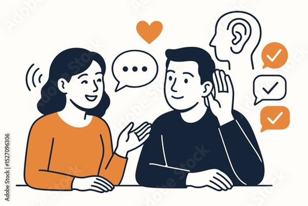 Fototapeta Active listening, communication and empathy concept. Man carefully listens to a woman speak. Dialogue, support, understanding in psychology, therapy, coaching or relationship counseling.