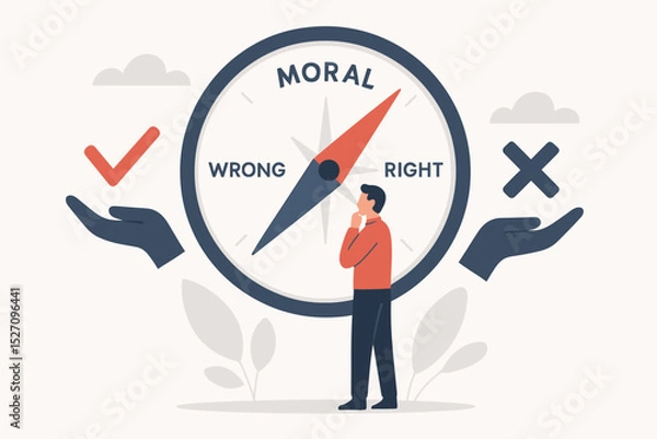 Obraz Moral compass concept. Man making a choice between right and wrong. Ethical dilemma and decision making vector illustration. Integrity, values, principles and conscience allegory.