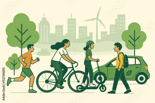 Fototapeta Eco-friendly urban mobility in a green city. People jogging, riding a bicycle, and using an electric scooter. Sustainable transportation, healthy lifestyle, and clean energy concept.