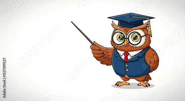 Fototapeta Cartoon owl teacher with glasses and pointer wing, teaching. Educational animal character in a classroom style on white background.