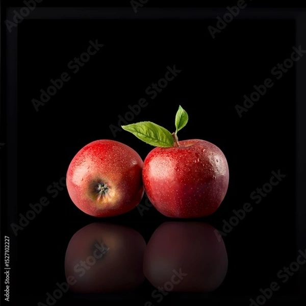 Fototapeta Two Red Apples with Reflections on a Black Surface